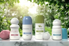 Image deodorant cans in green leaves