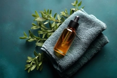 Image tea tree oil in a bottle on a little towel