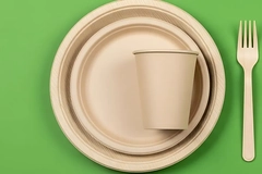 Image A bio-based cup and plates on a green background