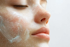 Image A woman's face with luminescent lines and dots on it.