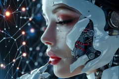 Image A woman getting her makeup done by a robot.
