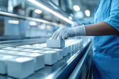 Person operating packaging production line.