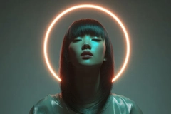 Image A girl in front of a glowing light ring.