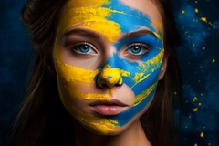 Image A girl with her face one side yellow and the other blue.