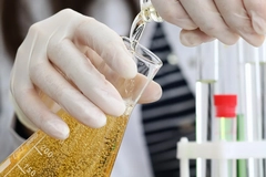 Image female hand in white gloves pours beer from bottle into flask in lab
