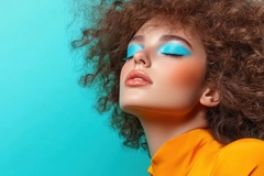 Image A woman with curly hair wearing bright blue eyeshadow.