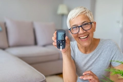senior women doing blood sugar test at home.
