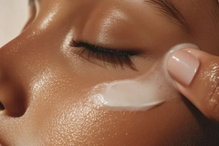 A very zoomed in image of a girl swiping a cream under her eye.