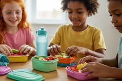 Children enjoying healthy snacks together at a colorful lunch table