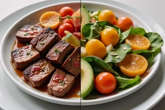 Image dish split with meat for omnivores versus plant-based for vegans