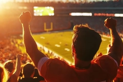 A man from behind cheering at a football game.