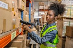 Woman scans packaging Woman scans packaging