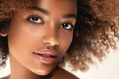 Image Woman with clear skin and curly hair against backdrop