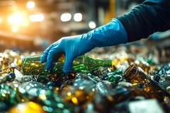 Man with gloves sorting empty glass bottles.