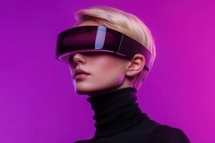 Woman with high-tech accessory against pink backdrop