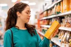 Woman checks snack label.