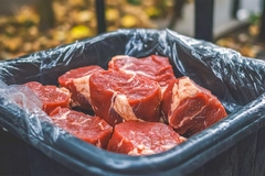 Image Discarded fresh meat in bin.