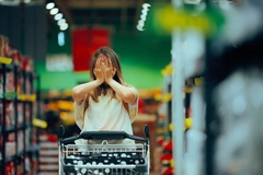 Stressed Shopper Covering her Face in a Supermarket.