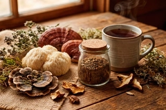 Image Lion's Mane, Reishi, Turkey Tail) arranged next to a glass jar of mushroom-infused powder and a hot cup of herbal tea