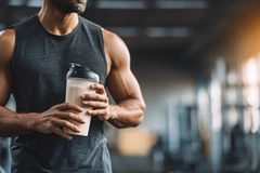 Bodybuilder drinking whey protein Bodybuilder drinking whey protein
