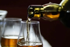 A close-up of a bottle pouring liquid into a glass