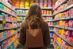 woman in brown coat looking at sweets in supermarket aisle