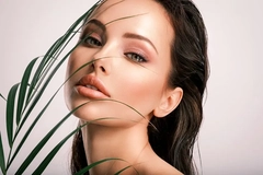 A woman with a leaf half in front of her face.