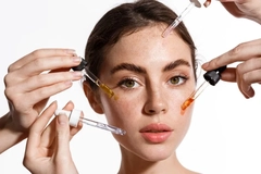 Image A woman getting multiple droppers of serum on her face.