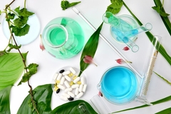 Image birds-eye photo of liquids in lab beakers and green leaves