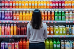 Woman shopping for healthy beverages in supermarket.