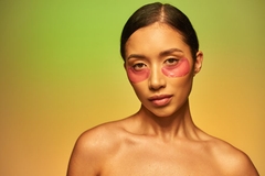 Image woman looks into camera with gel eye masks on