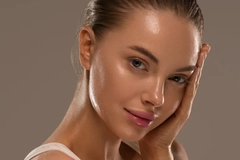 Image A woman with glowing skin touching her face.