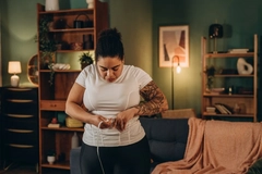 Woman measuring waist line.