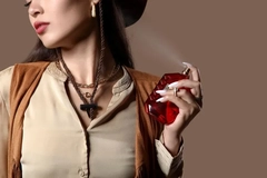 A woman sprays perfume on her neck in a darkened room.