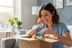 Image Woman unboxing surprise box.