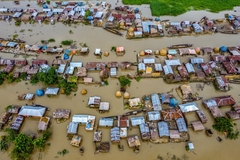 birds eye image of a flooded neighborhood