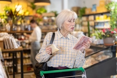Image elderly woman looking at bacon in supermarket