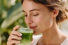 Image Person drinking matcha latte.