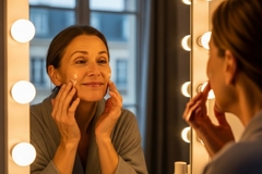 Mature woman applying skin care.