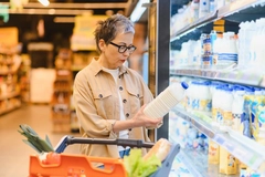 Image mature woman reading milk bottle label in supermarket