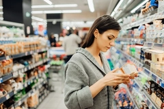 woman checking food label woman checking food label in supermarket