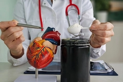 Image Doctor wearing stethoscope points to a heart model with pen and holds a spoon of powder with the other hand