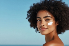 woman smiles at camera with cream on cheek