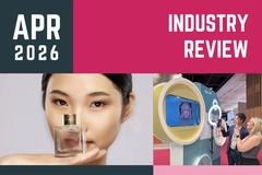 Image April in Review text with a photo of a woman holing a fragrance bottle and two people using a photo machine at In-cosmetics.