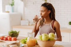 Image fit woman drinking water around fruit and vegetables on counter