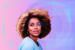 A woman with tech graphics over her face.