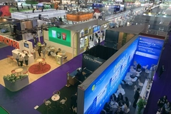 Image trade show floor with various booths top view