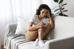 Image A woman on her phone looking stressed.