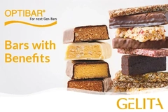Image OPTIBAR Bars with Benefits banner featuring stacked protein and snack bars in assorted chocolate and fruit flavors.