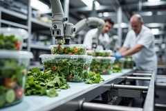 Machines pack salad into plastic containers for shipping on an assembly line.
